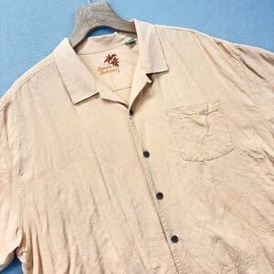 Tommy Bahama Shirt Mens 2XL Peach Jacquard Hawaiian 100% Silk Loop Collar Camp